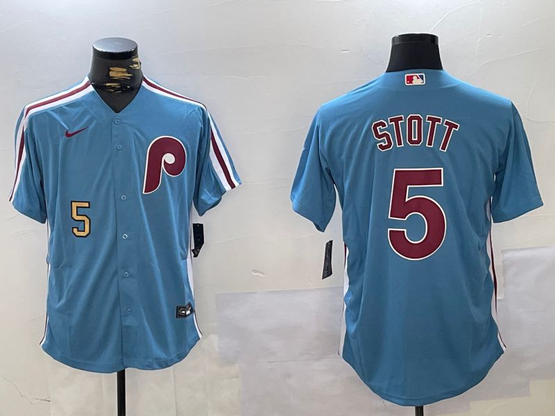 Men Philadelphia Phillies #5 Stott Blue Throwback Game 2024 Nike MLB Jersey style 1